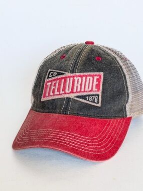 Telluride Patch Trucker Hat in Charcoal and Red ultra soft woven mesh